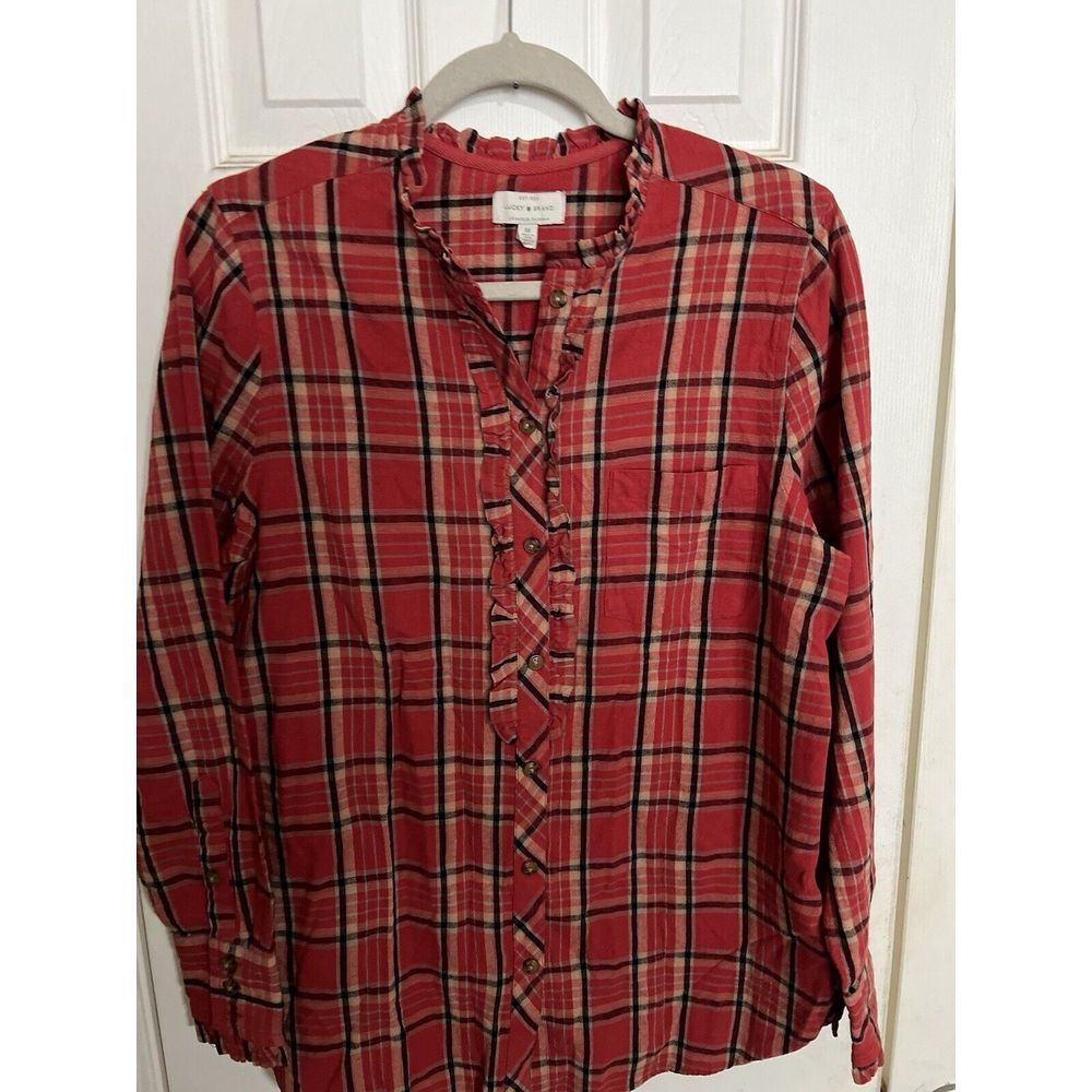 Lucky Brand Womens Medium‎ Red Black Plaid Ruffle Collar Shirt / Long Sleeve